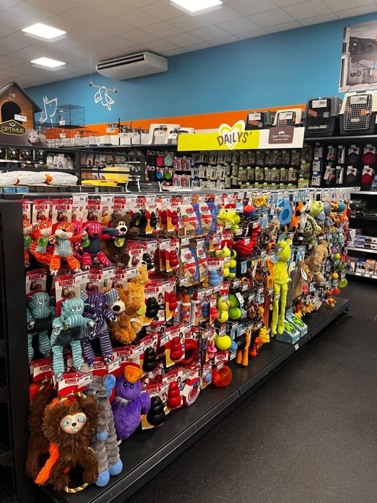 Zoomalia pet store interior – modern French pet shop showcasing dog and cat food aisles, eco-friendly pet products, and customer-friendly retail design.