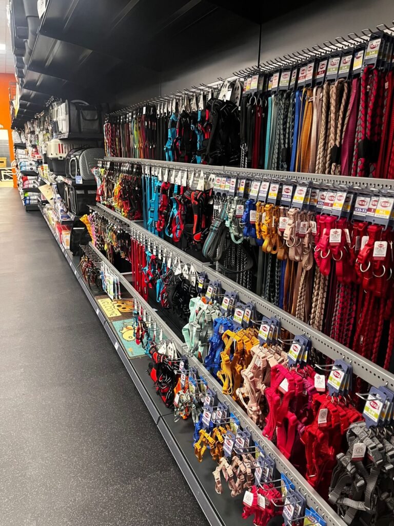 Zoomalia pet store interior – modern French pet shop showcasing dog and cat food aisles, eco-friendly pet products, and customer-friendly retail design.