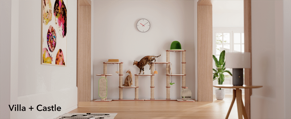 Petlibro DIY cat climbing tower with multiple platforms and cozy hideouts for cats to climb, jump, and rest