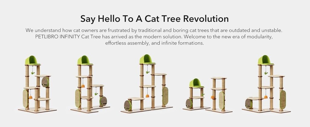 Petlibro DIY cat climbing tower with multiple platforms and cozy hideouts for cats to climb, jump, and rest