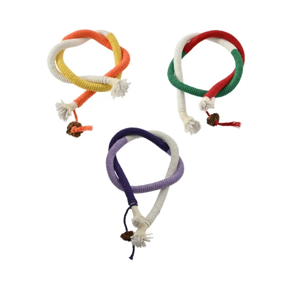 Cat playing with colorful catnip rope toy for teeth cleaning