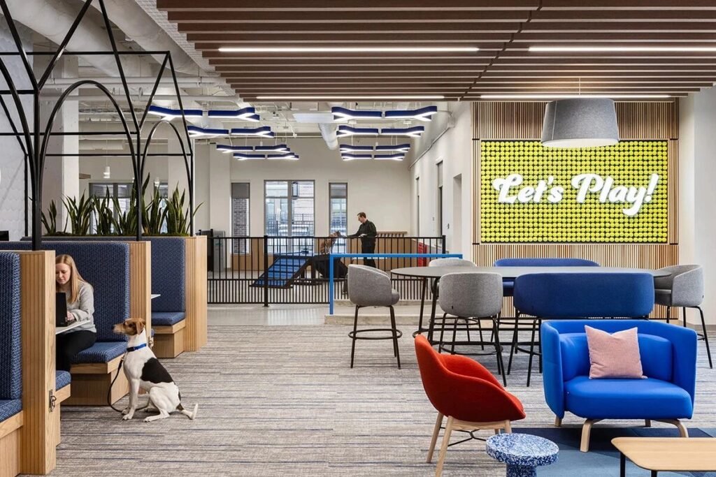 Interior view of Hill’s Pet Nutrition new global headquarters in Overland Park, Kansas, featuring open-plan workspaces with natural light and modern sustainable design.