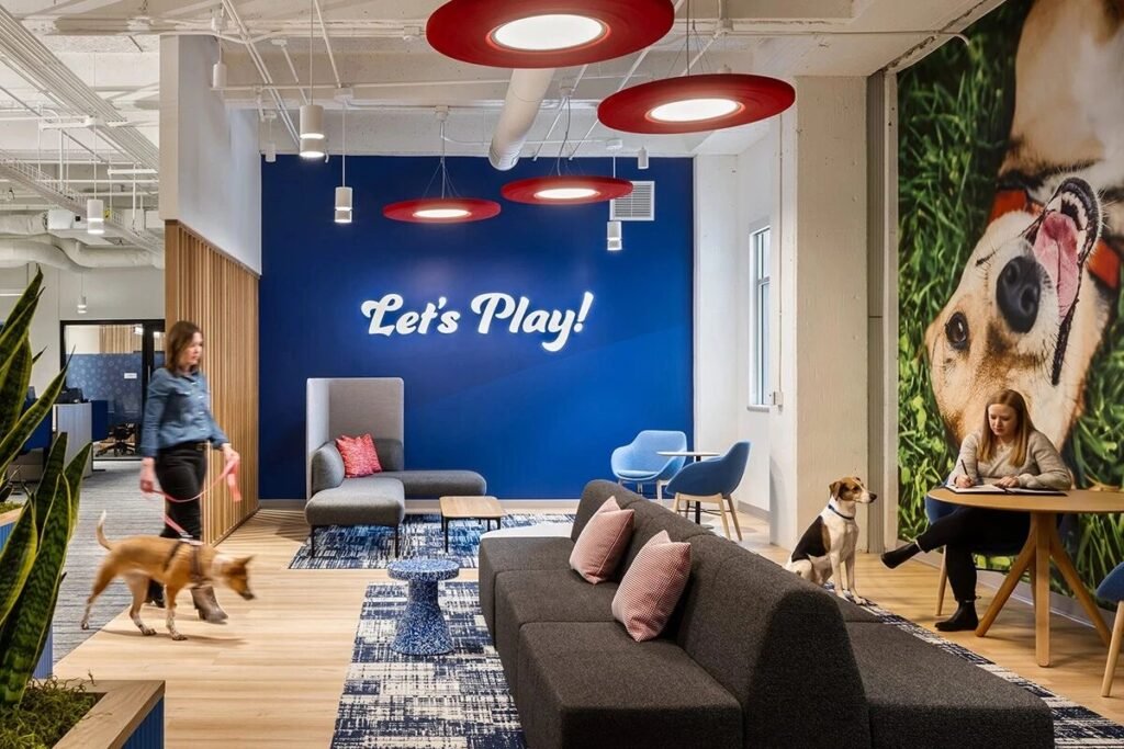 Interior view of Hill’s Pet Nutrition new global headquarters in Overland Park, Kansas, featuring open-plan workspaces with natural light and modern sustainable design.