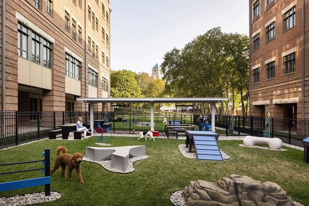 Outdoor dog park at Hill’s Pet Nutrition headquarters, showcasing the company’s commitment to pet-friendly workplace culture and employee engagement.