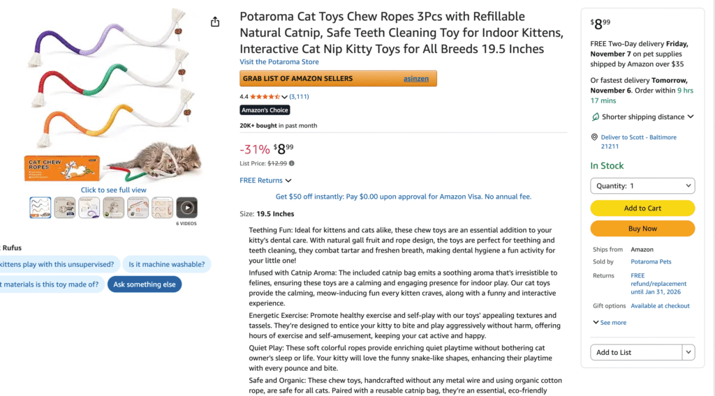 Dgerp natural catnip rope chew toy set for cats